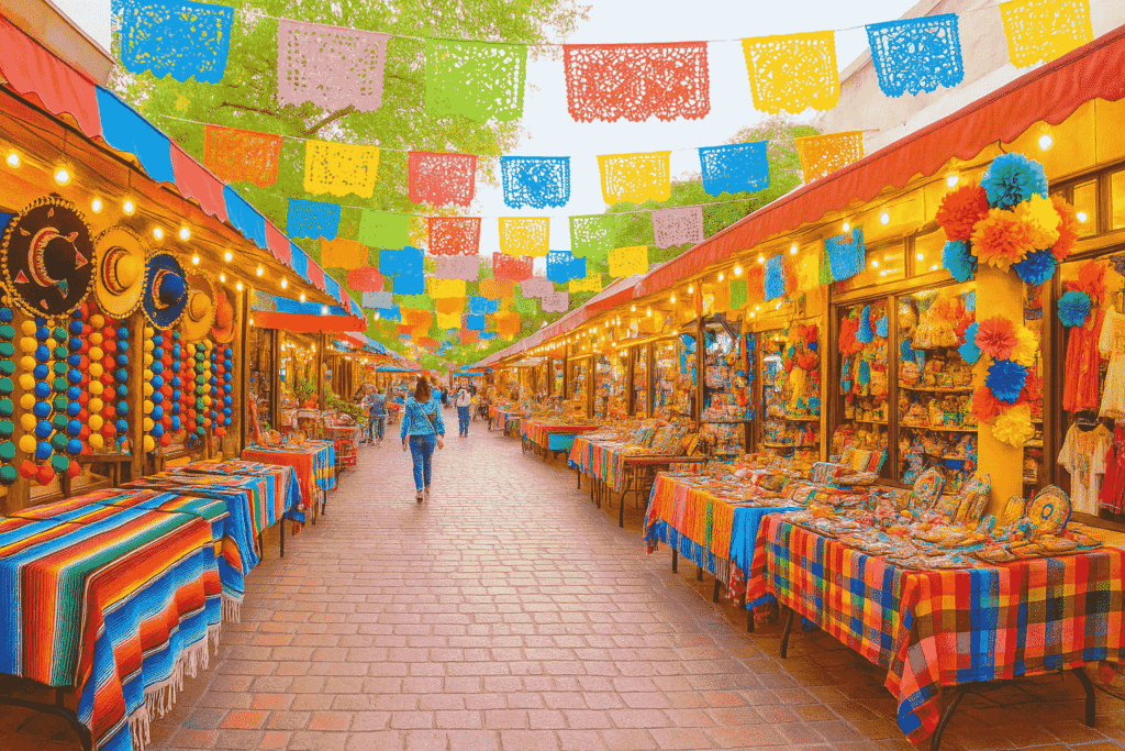 Market Square stalls with colorful Mexican décor