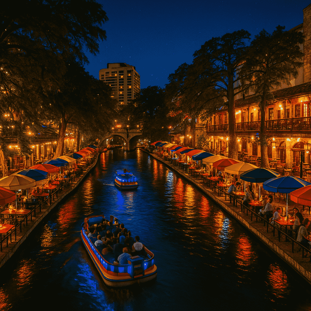 San Antonio River Walk lit up at night with boats and restaurants